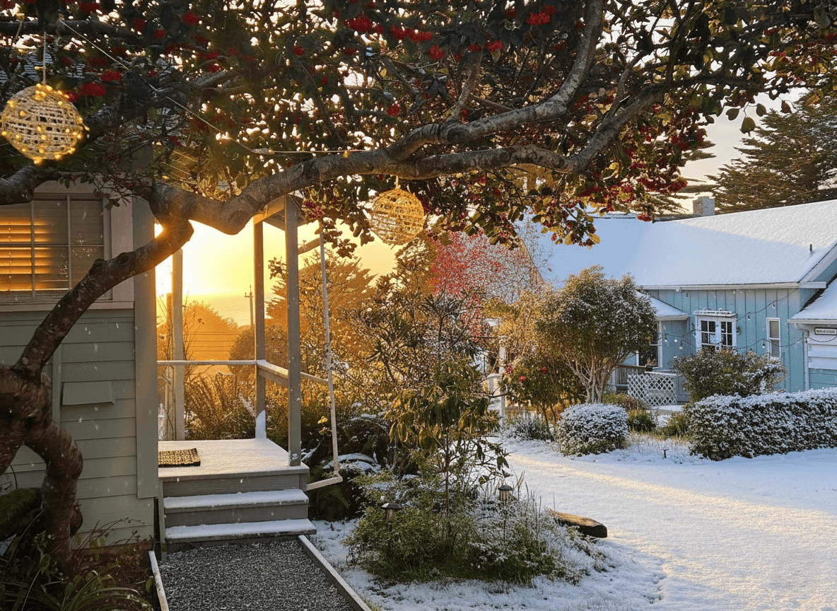 A charming snow-covered garden at sunrise, framed by a porch and decorated with hanging lanterns.
